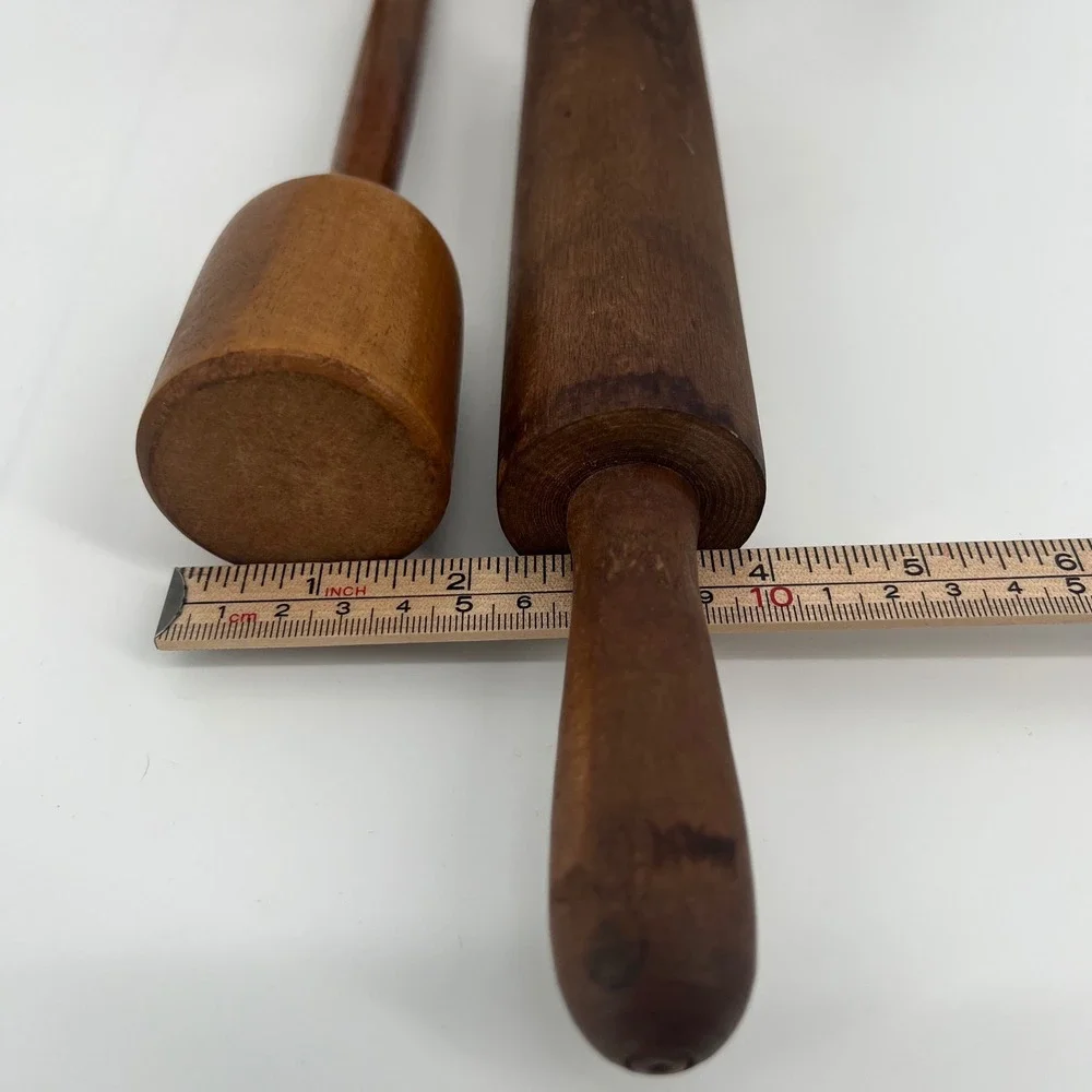Vintage Wood Rolling Pin Mallet Set Wall Rack Brown Primitive Farmhouse Decor